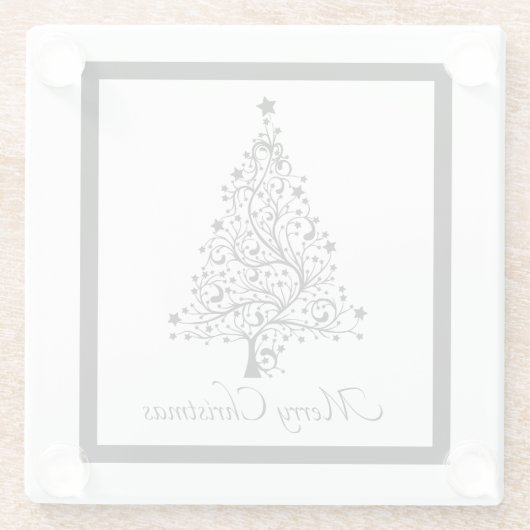 黒と白の二重のミニマルクリスマスツリー ガラスコースター (裏面)