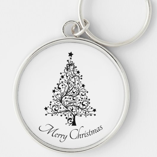 黒と白の二重のミニマルクリスマスツリー キーホルダー (正面)