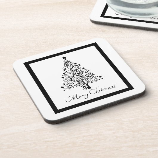 黒と白の二重のミニマルクリスマスツリー コースター (左側)