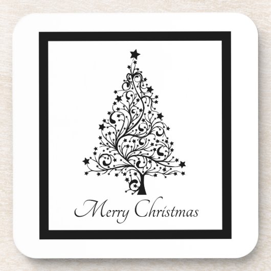 黒と白の二重のミニマルクリスマスツリー コースター (正面)