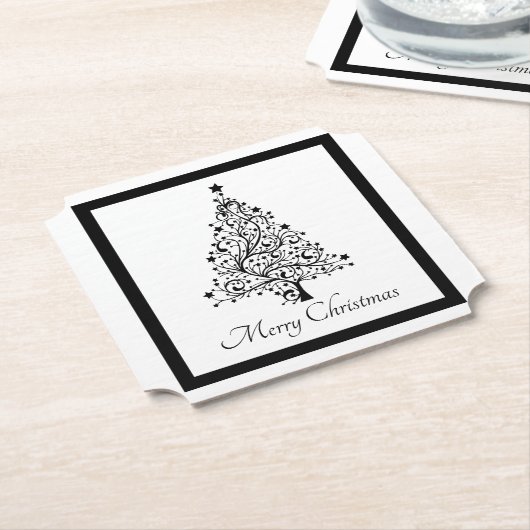 黒と白の二重のミニマルクリスマスツリー ペーパーコースター (アングル)