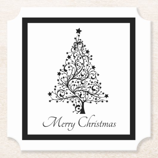 黒と白の二重のミニマルクリスマスツリー ペーパーコースター (正面)