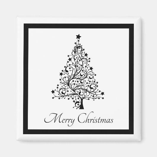 黒と白の二重のミニマルクリスマスツリー マグネット (正面)