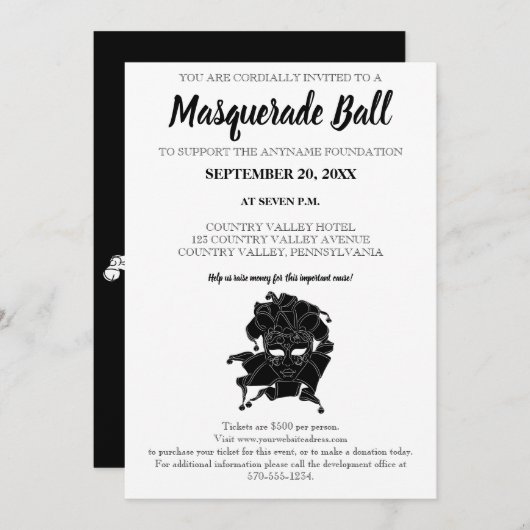 黒と白の仮装ボール募金会Gala 招待状 (正面/裏面)