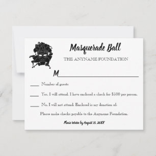 黒と白の仮装ボール募金会Gala RSVP 招待状
