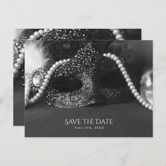 黒と白の仮装マスク真珠の日付を保存 案内ポストカード (正面/裏面)
