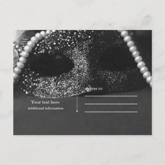 黒と白の仮装マスク真珠の日付を保存 案内ポストカード (裏面)