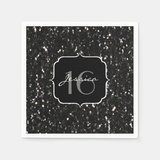 黒と白の光沢のあるグリッターキラキラ甘16 スタンダードカクテルナプキン (正面)