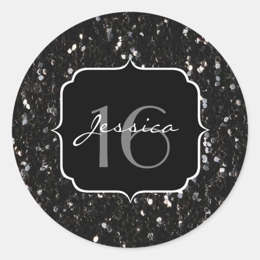 黒と白の光沢のあるグリッターキラキラ甘16 ラウンドシール (正面)