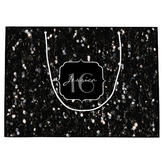 黒と白の光沢のあるグリッターキラキラ甘16 ラージペーパーバッグ (正面)