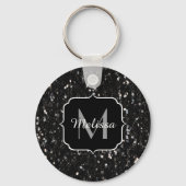 黒と白の光沢のあるグリッタースパークルモノグラム キーホルダー (正面)