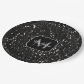 黒と白の光沢のあるグリッタースパークルモノグラム ペーパープレート (アングル)