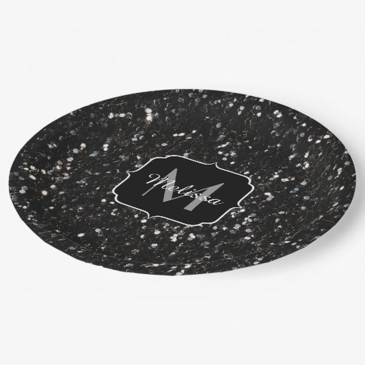 黒と白の光沢のあるグリッタースパークルモノグラム ペーパープレート (アングル)