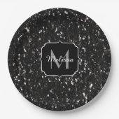黒と白の光沢のあるグリッタースパークルモノグラム ペーパープレート (正面)
