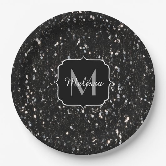 黒と白の光沢のあるグリッタースパークルモノグラム ペーパープレート (正面)