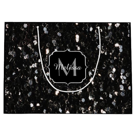 黒と白の光沢のあるグリッタースパークルモノグラム ラージペーパーバッグ (正面)