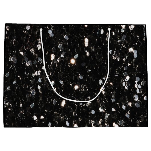 黒と白の光沢のあるグリッタースパークルモノグラム ラージペーパーバッグ (裏面)