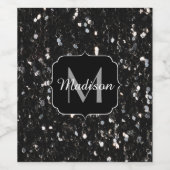 黒と白の光沢のあるグリッタースパークルモノグラム ワインラベル (シングルラベル)