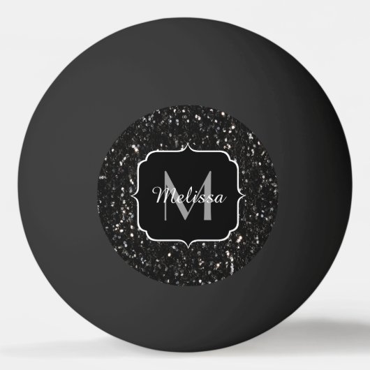 黒と白の光沢のあるグリッタースパークルモノグラム 卓球ボール (正面)