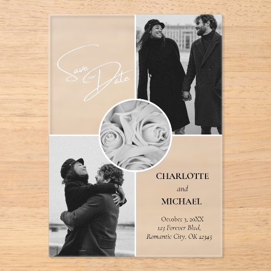 黒と白の写真モダンの結婚式の日付を保存 アクリル招待状 (正面)