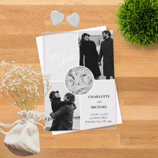 黒と白の写真モダンの結婚式の日付を保存 アクリル招待状