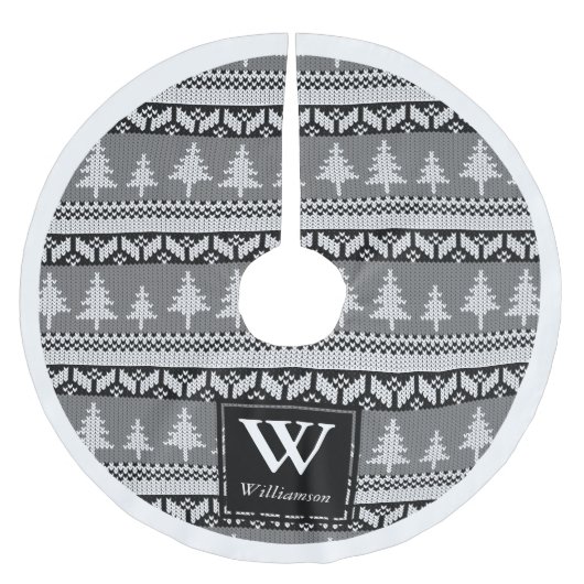 黒と白の北欧のモミの木+ファミリ名 ブラッシュドポリエステルツリースカート (正面)