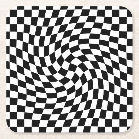 黒と白の反ったチェッ市松模様にカーボード スクエアペーパーコースター (正面)