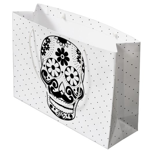 黒と白の口ひげ砂糖スカル黒ドット ラージペーパーバッグ (裏面アングル)