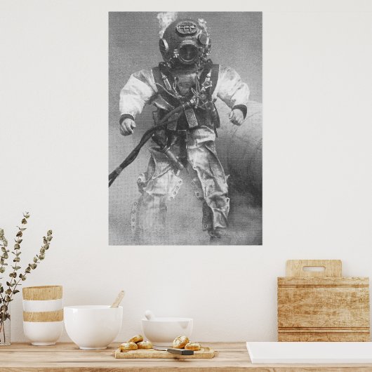 黒と白の古いスキューバダイバー ポスター (キッチン)