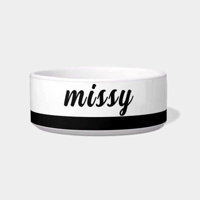 黒と白の名前 セラミック ペット ボウル (正面)