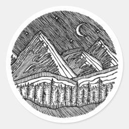 黒と白の墨絵の丸いアルプスの風景 ラウンドシール