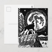 黒と白の夜の遠吠えするハスキー リノカット ポストカード (正面/裏面)