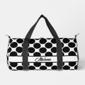 黒と白の大きな水玉模様のネームパターン ダッフルバッグ (正面)