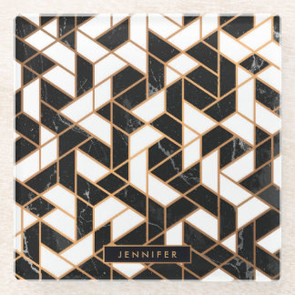 黒と白の大理石モザイク ガラスコースター