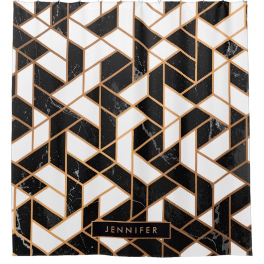黒と白の大理石モザイク シャワーカーテン (正面)