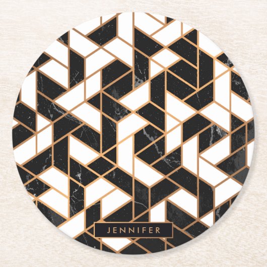 黒と白の大理石モザイク ラウンドペーパーコースター (正面)