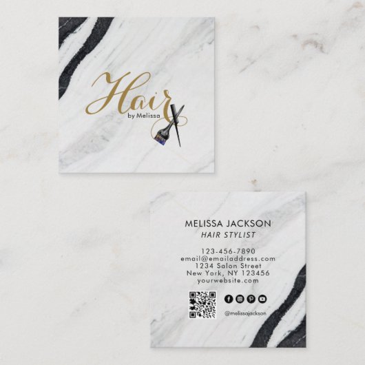 黒と白の大理石金ゴールドヘア（名前別） QRコード スクエア名刺 (正面/裏面)