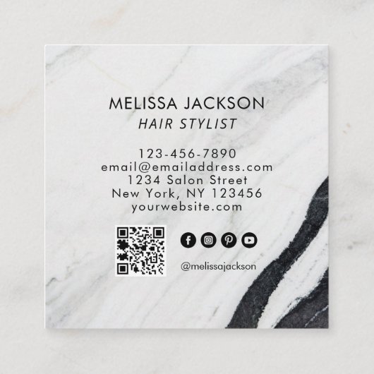 黒と白の大理石金ゴールドヘア（名前別） QRコード スクエア名刺 (裏面)