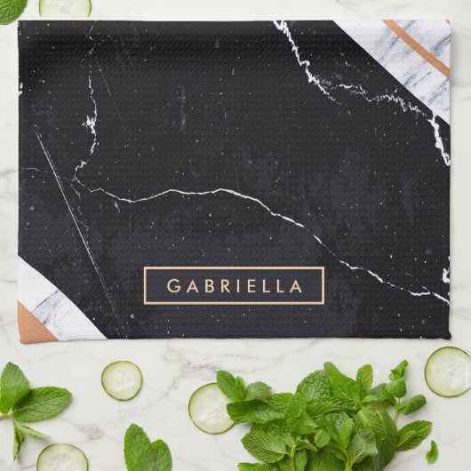 黒と白の大理石 キッチンタオル (折り畳み)