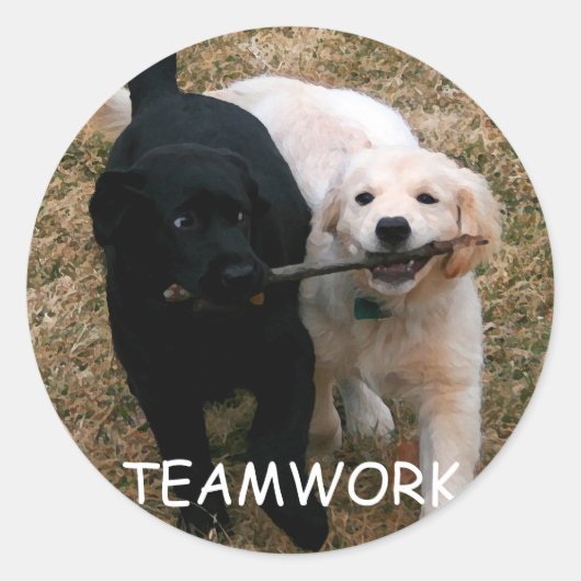 黒と白の子犬「teamwork」スタンプ ラウンドシール (正面)
