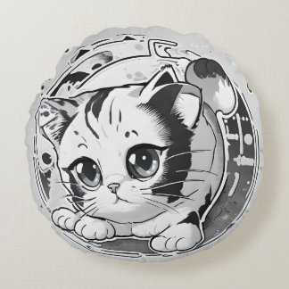 黒と白の子猫の枕 ラウンドクッション