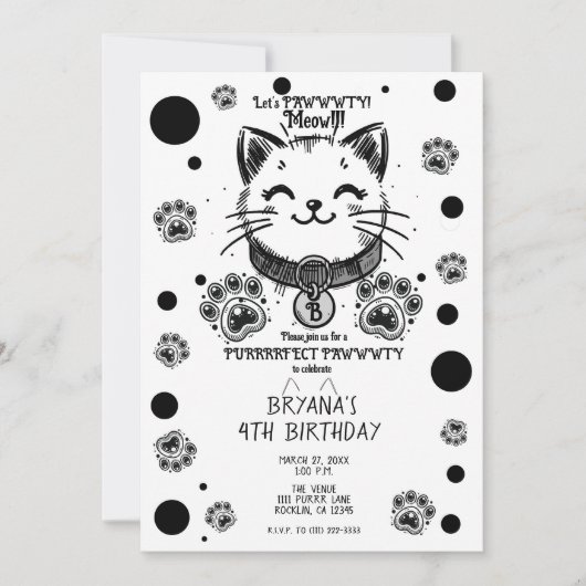 黒と白の子猫の誕生日パーティー  招待状 (正面)