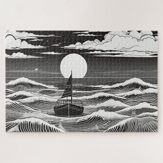 黒と白の孤独なボートで嵐の海 ジグソーパズル (横)