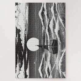 黒と白の孤独なボートで嵐の海 ジグソーパズル