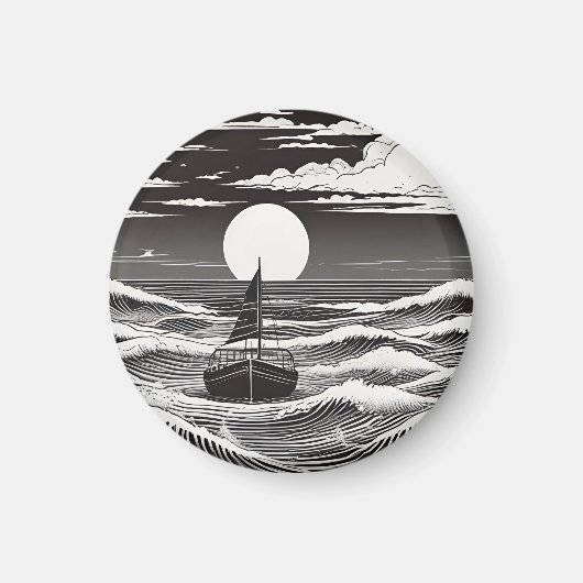 黒と白の孤独なボートの海 マグネット (正面)