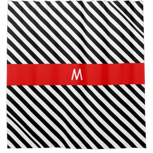 黒と白の対角線のストライプ シャワーカーテン (正面)