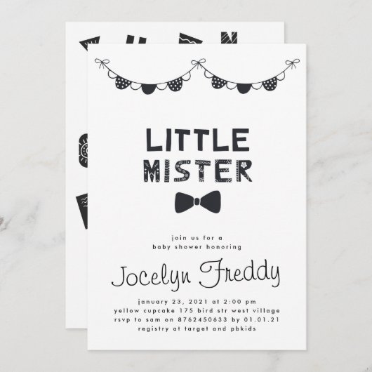 黒と白の小さなミスターボーイベビーシャワー 招待状 (正面/裏面)
