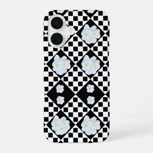 黒と白の市松模様のパンジー柄 iPhone 16ケース (裏面)