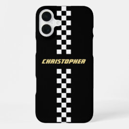 黒と白の市松模様のレーシングフラッグ ゴールドモノグラム iPhone 16 PLUSケース