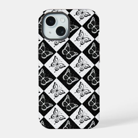 黒と白の市松模様の蝶デザイン iPhone 15ケース (裏面)